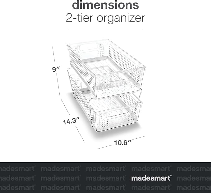 madesmart 2-Tier Organizer, Multi-Purpose Slide-Out Storage with Handles and Dividers for Home and Bath, Easy Assembly, BPA Free, Clear
