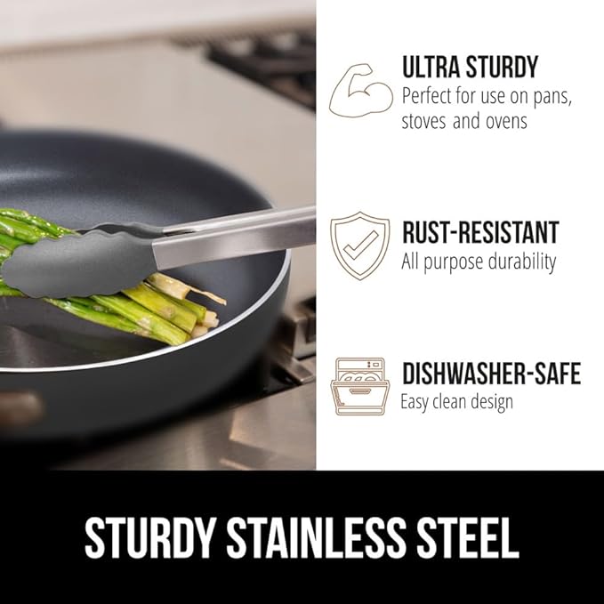 GORILLA GRIP Stainless Steel Heat Resistant Kitchen Tongs for Cooking, Set of 2 BBQ Tong, Non Scratch Silicone Tip for Pans, Strong Grip, Grab Food, Toss Salad, Air Fryer, Pull Lock, 7 + 9 Inch, Gray