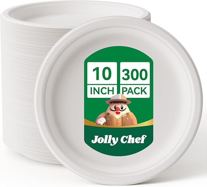 JOLLY CHEF Compostable Heavy Duty Plates 𝟭𝟬 𝗜𝗻𝗰𝗵 [𝟯𝟬𝟬 𝗣𝗮𝗰𝗸] Eco-Friendly Disposable White Paper Plates Made of Bagasse Biodegradable Bulk for Party Dinner Sugarcane Thanksgiving Day