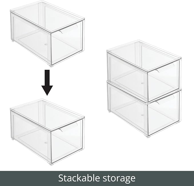 mDesign Plastic Pantry Organization and Storage Bin w/Pull Out Drawer - Stackable Kitchen Supplies Storage Container for Organizing Cabinet, Fridge, Freezer - Lumiere Collection - 4 Pack, Clear