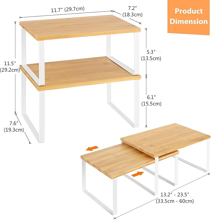 NEX Kitchen Cabinet and Counter Shelf Organizer, Stackable & Expandable, White and Natural