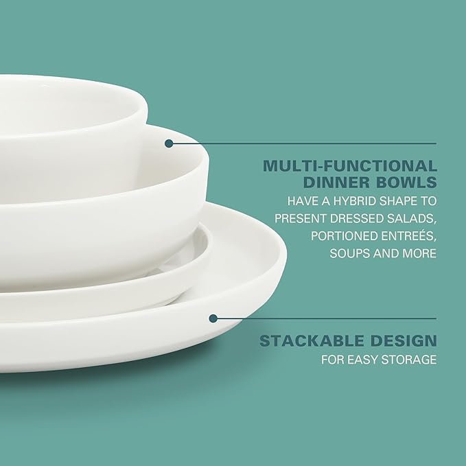 Gibson Home Oslo Porcelain Chip and Scratch Resistant Dinnerware Set, Service for 4 (16pcs), Ceramic Plates and Bowls Dishes Sets, White - Microwave and Dishwasher Safe