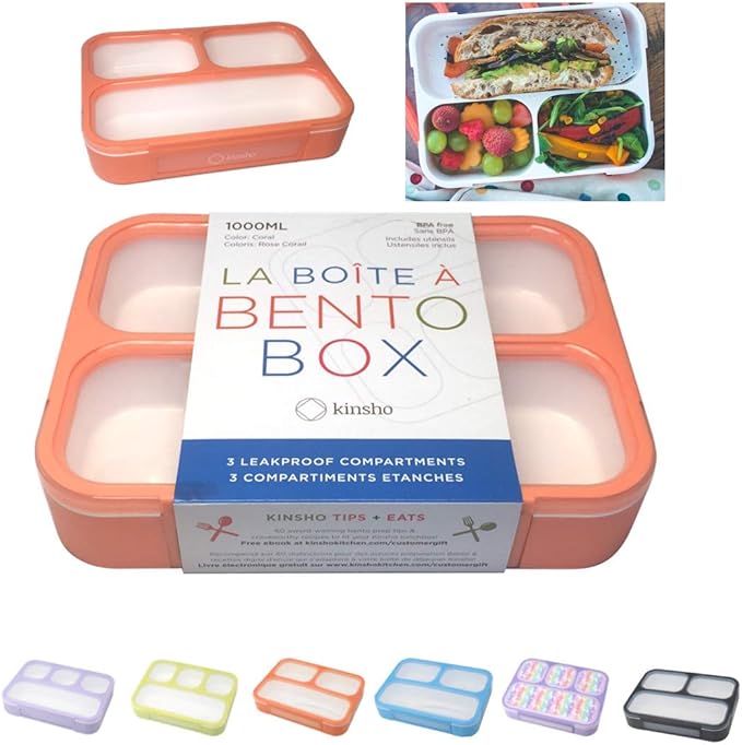 Bento Box Adult Lunch Box | Lunch Boxes For Adults Kids Women | 3 Compartments |Portion Control Meal Snack Container For Big Kids Teens Work School | Leakproof Divided Containers | Coral - Orange