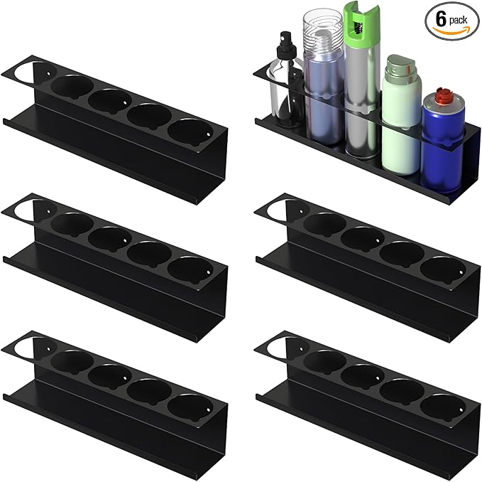 6 Pack Spray Can Holder Organizer, Wall-Mounted Steel Spray Bottle Rack, Tool Box Storage Rack, 5 Cans Metal Paint Can Organizer for Garage, Workspace, Shop, Home or Tool Trailer, Black