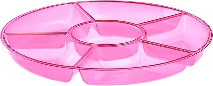 Plasticpro 6 Sectional Round Plastic Serving Tray/Platters Pink Pack of 8