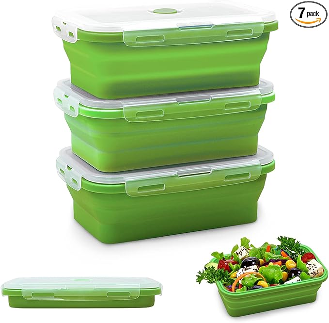Alimat PluS 40.5oz Collapsible Food Storage Containers with Lids, 3 Pack Set 1200ml Silicone Food Storage Containers, Green Collapsible Food Storage for Kitchen and Outdoor Activities
