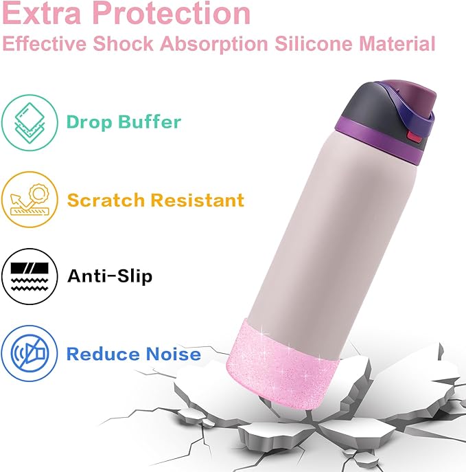 2PCS Silicone Water Bottle Boot for Owala 32oz, Protective Bottom Bumper Anti-Slip Sleeve for FreeSip, Twist, and Flip Stainless Steel Bottles, Dishwasher Safe and BPA Free(Shiny Purple Pink)