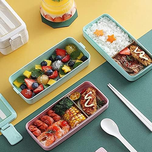 Rarapop 2 Pack Stackable Bento Box Japanese Lunch Box Kit with Spoon & Fork, 3-In-1 Compartment Wheat Straw Meal Prep Containers for Kids & Adults (Green/Beige)