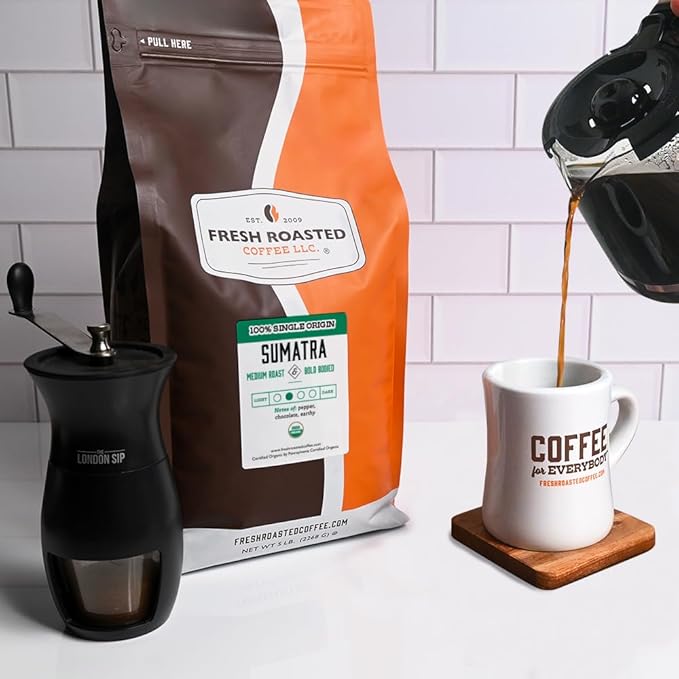 Fresh Roasted Coffee, Organic Sumatra | 100% Single Origin, USDA Organic, Kosher | Medium Roast 5 lb (80 oz) Whole Bean