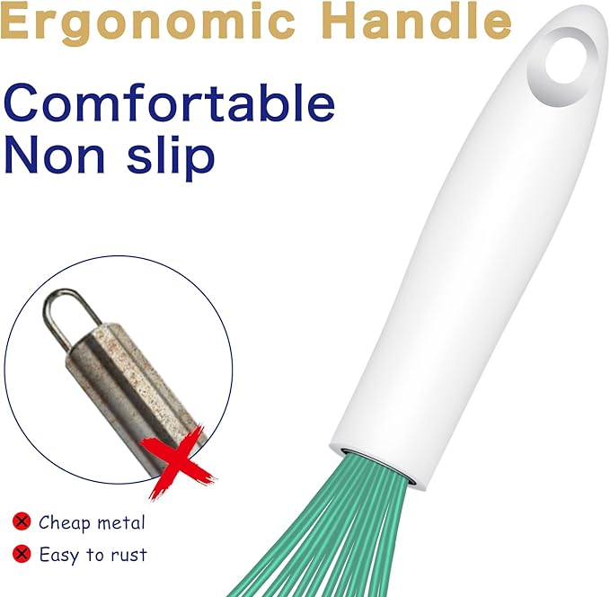 Teal Silicone Whisk, Sealed Waterproof Design Set of 3, Professional Kitchen Whisks for Cooking Non-Scratch, Silicone&Stainless Steel Whisk, Heat Resistant 480°F Rubber wisk, BPA free