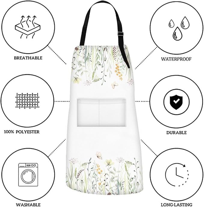 Britimes Floral Yellow Flowers Green Apron Home Kitchen Cooking Baking Gardening for Women Men with Pockets 32x28 inch