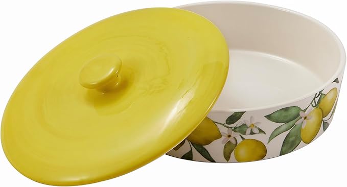 Bico Lemon Dreams Ceramic Tortilla Warmer, 8.9 Inch Tortilla Holder with Lid for Taco Bread Pancake for Mexican Night and Party, Microwave and Dishwasher Safe