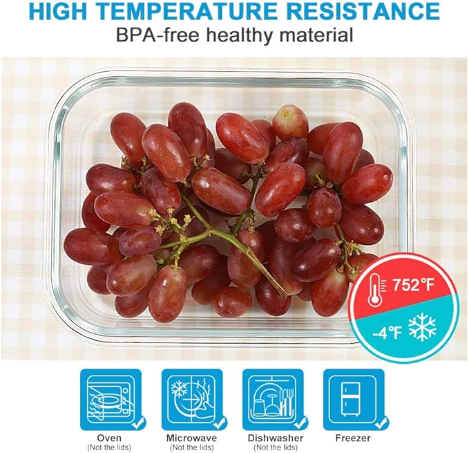DAS TRUST 5 Pack 36oz Glass Food Storage Containers Meal Prep Containers Reusable Fridge Organizers Lunch Container for Adults Food Storage Containers with Lids Airtight Pizza Storage Salad Container