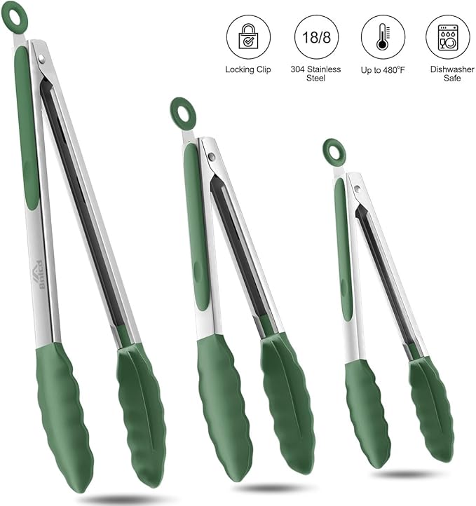 600ºF Heat Resistant Kitchen Tongs, Premium Locking Cooking Tongs with Silicone Tips, Non-Slip Food Tongs for Cooking, Non-Stick, Heavy Duty Stainless Steel Handle, Set of 3-7" 9" and 12" Turquoise