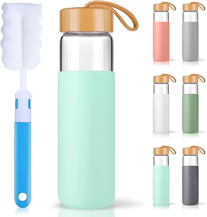 25 Oz Borosilicate Glass Water Bottles with Silicone Sleeve BPA Free, Dishwasher Safe - Reusable Clear Glass Drinking with Leak Proof Bamboo Lid | Perfect Gym Water Bottles for Men & Women