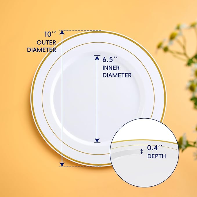 JOLLY CHEF 100 Pieces Gold Plastic Plates, 10 Inch Elegant Disposable Dinner White with Gold Rim, Disposable Plastic Plates for Dinner, Birthdays and Weddings