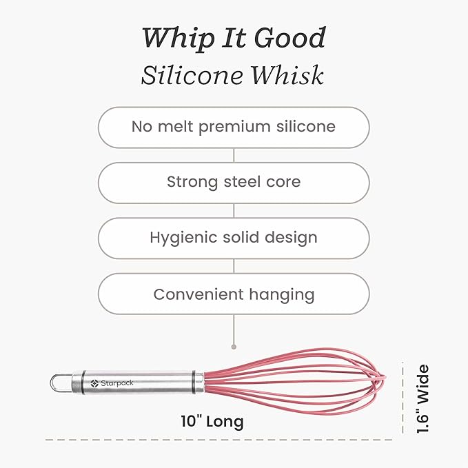 Starpack 'Whip it Good' Silicone Whisk for Nonstick Cookware - Non Scratch Whisk Heat Resistant 600°F - Kitchen Whisks for Cooking, Baking & Stirring - Silicone Coated Durable Rubber Egg Whisks