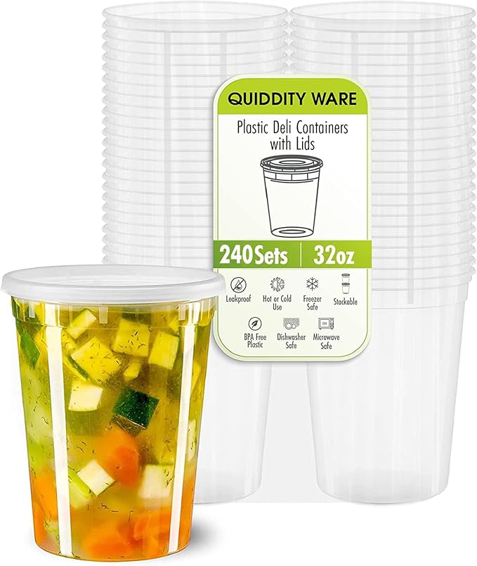 Deli Containers with Lids Leakproof - 240 Pack BPA-Free Plastic Microwaveable Clear Food Storage Container Premium Heavy-Duty Quality, Freezer & Dishwasher Safe (32oz 240 Sets)