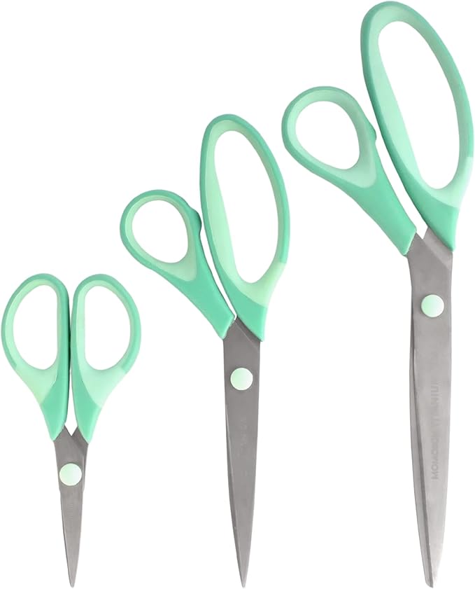 BambooMN Titanium Softgrip Scissors Set for Sewing, Arts, Crafts, Office - 30 Sets of 3 - Mint Green w/Light Inlays