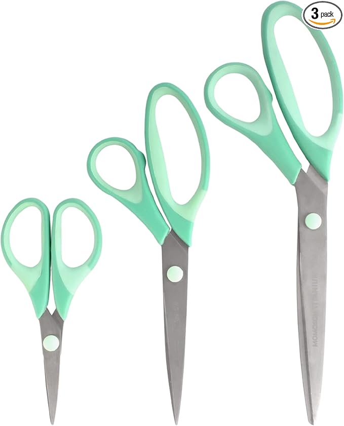 BambooMN Titanium Softgrip Scissors Set for Sewing, Arts, Crafts, Office - 1 set of 3 - Mint Green