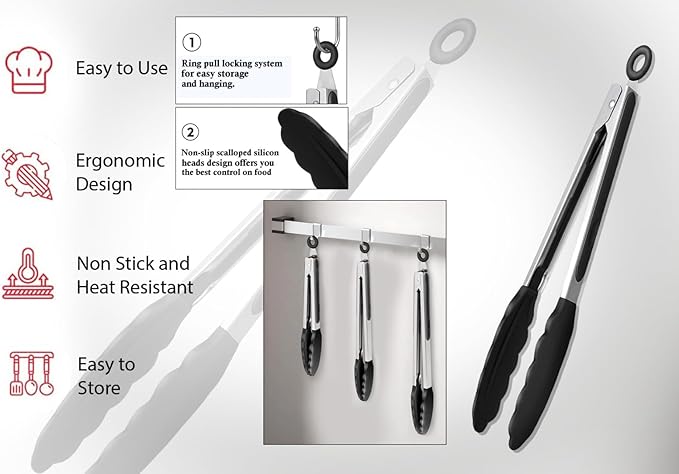 Black Stainless Steel Tongs Heat Resistant Kitchen Tongs Set - 9" & 12" Inch, BBQ Tongs with Silicone Tip, Strong Grip for Cooking, Salad Tossing, Air Fryer, & Grill Tongs- Pull Lock, Black - Set of 2
