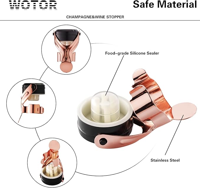 WOTOR Champagne&Wine Bottle Stoppers Stainless Steel with Food Grade Silicone, Leak Proof Keep Fresh Reusable Saver, Cork Suitable for Wine, Champagne, Cava, Prosecco and Sparkling (6 Pack Rosegold）