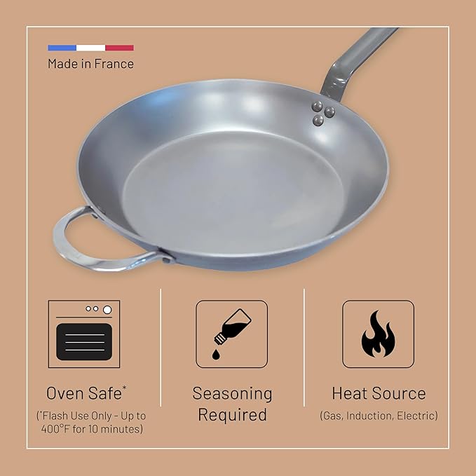 De Buyer MINERAL B Carbon Steel Fry Pan - 14” Diameter, 10.25” Cooking Surface - Ideal for Searing, Sauteing & Reheating - PFAS, PFOA & PFOS Free - Made in France