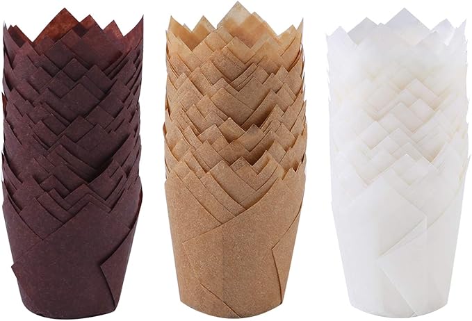 Ruisita 150 Pieces Mini Baking Cups Tulip Baking Cups Cupcake Liners Muffin Liners for Wedding, Birthday, Christmas, Baby Shower Parties (Brown, Natural, White)