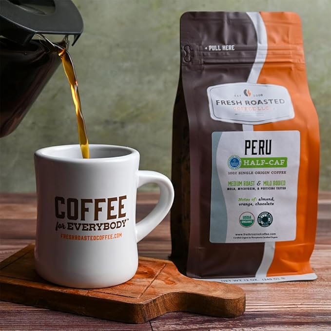 Fresh Roasted Coffee, Organic Peru Water-Processed Half-Caf | Mold & Myco 3rd Party Tested, USDA Organic, Kosher | Med Roast 12 oz Whole Bean