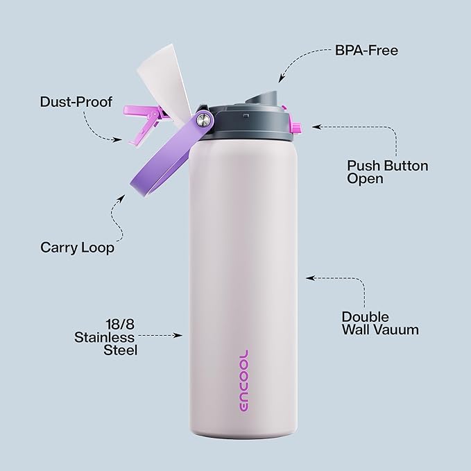 Insulated Water Bottle with Straw - Encool Stainless Steel Water Bottle with Push Button Lid, Leak-Proof & BPA-Free, Keeps Cold for 24 Hours for Sports, Travel, Gym (32 oz, Oyster Pink)