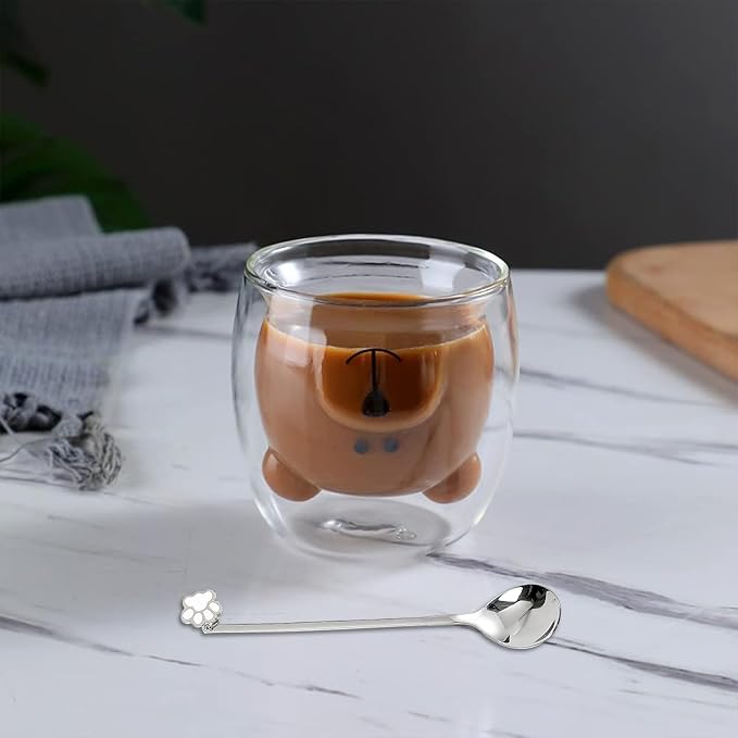 Cute Mugs Double Wall Glass Coffee Glass Cup Kawaii Bear Tea Milk Cup Funny Mug Animal Mug Aesthetic Cup for Office and Personal Birthday Gift (Happy bear)