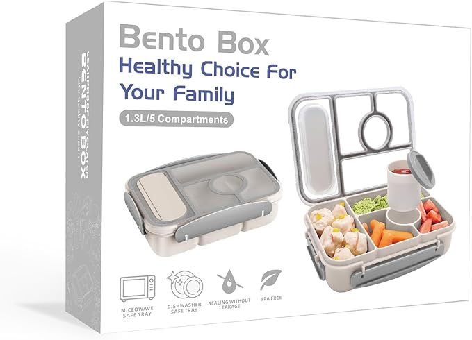 Bento Box Adult Lunch Box Kids,Lunch Containers for Adults/Kids/Toddler,5 Compartments Bento Lunch Box with Sauce Vontainers,Microwave & Dishwasher & Freezer Safe,BPA-Free(White)