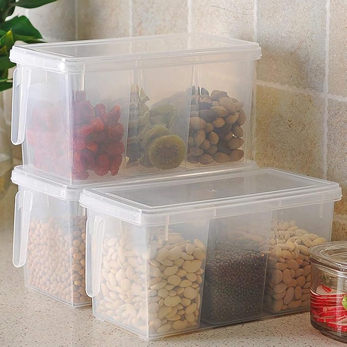 MineSign 2 Pack Plastic Divided Veggie Storage Containers with Lids and Handles for Fridge Storage Organizer Boxes for Refrigerator Produce Beans Fruits Organzation