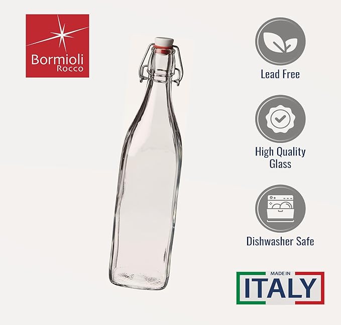 Bormioli Rocco Swing Top Glass Bottle (Set of 4) - Reusable Container with Secure Metal Clasp, Ideal for Homemade Juices, Oil Infusions, Condiments, Mixers - Everyday Drinking Glasses (33.75 Oz.)