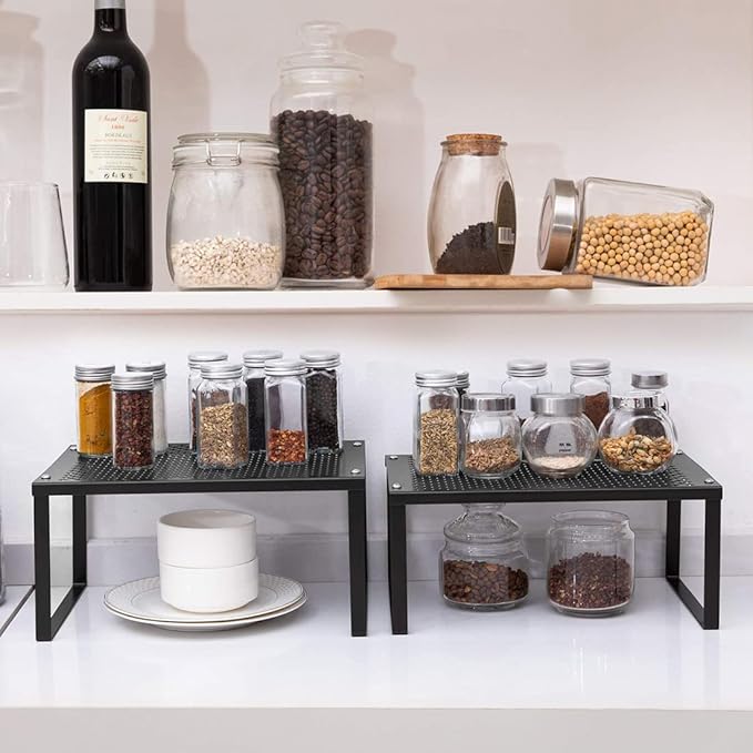 NEX Kitchen Cabinet And Counter Shelf Organizer, Expandable & Stackable, Black