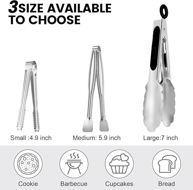 CHENGU 12 Pack Stainless Steel Kitchen Tongs 5/6/7 Inches Food Serving Clip Kitchen Cooking Tongs High Heat Resistant Clips for Cooking Non Stick Grill Salad (Black and Silver, Regular)