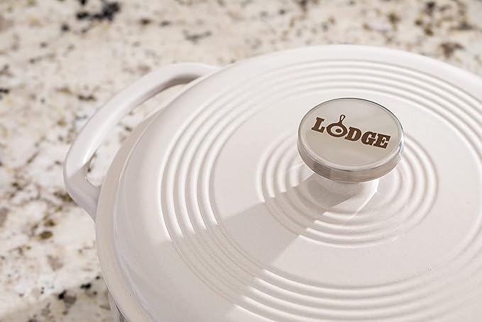 Lodge 7.5 Quart Enameled Cast Iron Dutch Oven with Lid – Dual Handles – Oven Safe up to 500° F or on Stovetop - Use to Marinate, Cook, Bake, Refrigerate and Serve – Oyster White