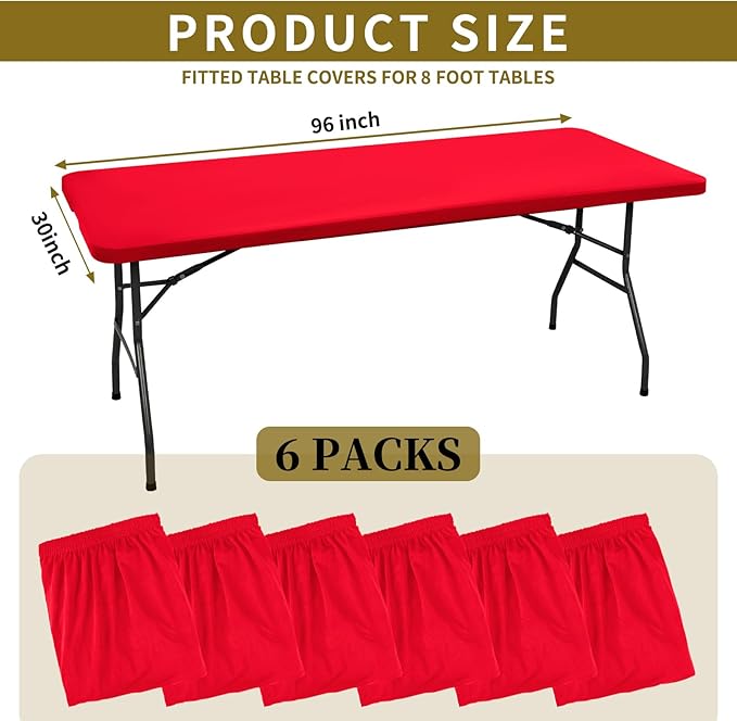 6 Pack Stretch Fabric Table Top Cap Cover, fits 8' Tables, Spandex Table Covers Washable Elastic Universal Rectangle Tablecloth Protector for Indoor Outdoor Party Picnic Wedding, Red, 30" W x 96" L