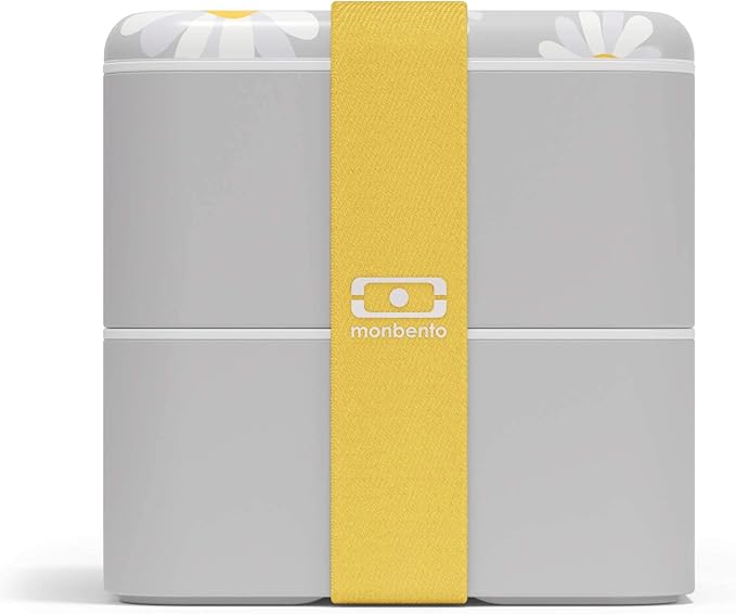monbento - Large Bento Box MB Square Daisy with Compartments - Leakproof Lunch Box for Work and Meal Prep - BPA Free - Food Grade Safe - Flowers Pattern - Grey