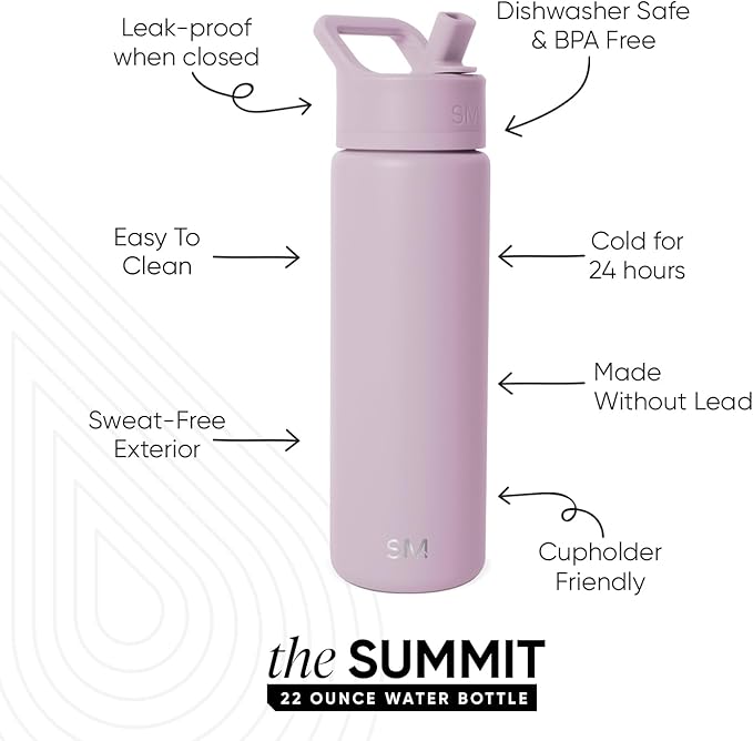 Simple Modern Water Bottle with Straw Lid Vacuum Insulated Stainless Steel Metal Cup Bottles | Reusable Leak Proof BPA-Free Flask for Gym, Travel, Sports | Summit Collection | 22oz, Lavender Mist