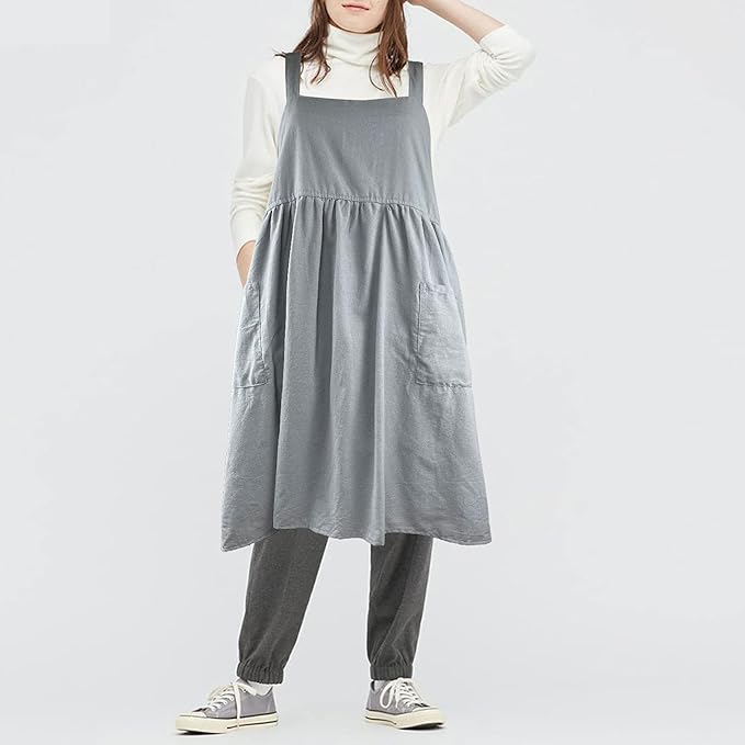 Uaussi Cotton Linen Apron Cross Back Work Apron for Women with Pockets Pinafore Dress X Cross Halter Apron for Chef Gardening