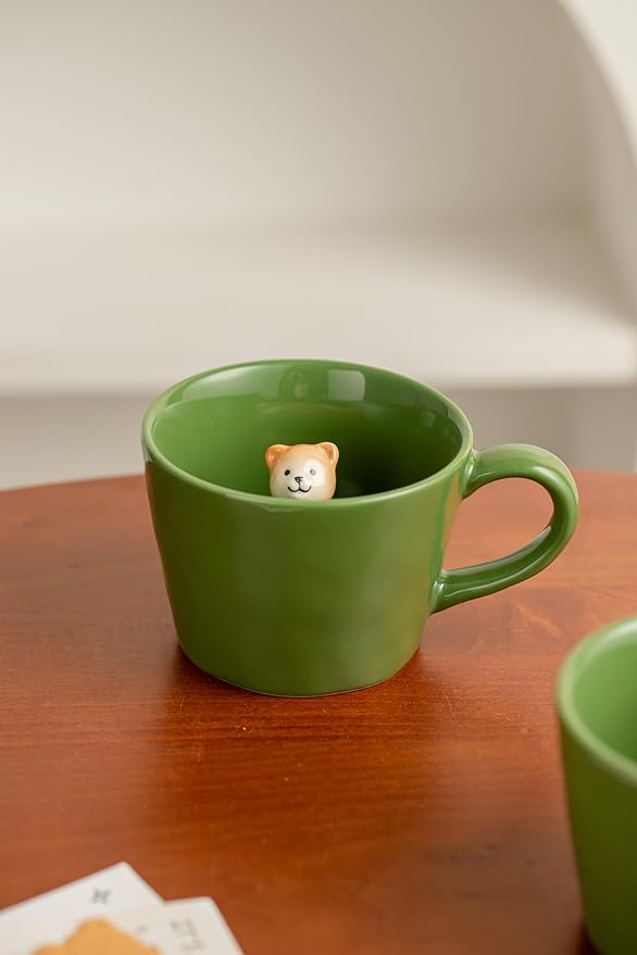 DIHOclub Bow Tie Bear Coffee Cup Hidden Ceramic Animal Inside Mug,Cute Cartoon Handmade Figurine Mugs,Holiday and Birthday Gift for Coffee Milk Tea Lovers,12 Oz(Green)