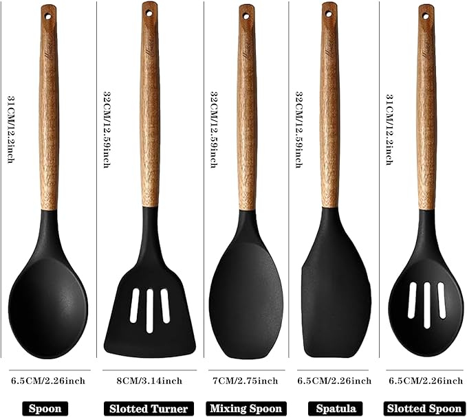 Kitchen Utensils Set, Silicone Cooking Utensils Set,Non-Stick Silicone Spatula Set with Natural Acacia Hard Wood Handle, 5 Piece, Upgraded Thickened Cookware