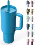 TILUCK 40 oz Tumbler with Handle, Vacuum Insulated Stainless Steel Travel Mug with 100% Leak-Proof Silicone Straw Lid, Cupholder Friendly Water Bottle(LakeBlue, 40oz)