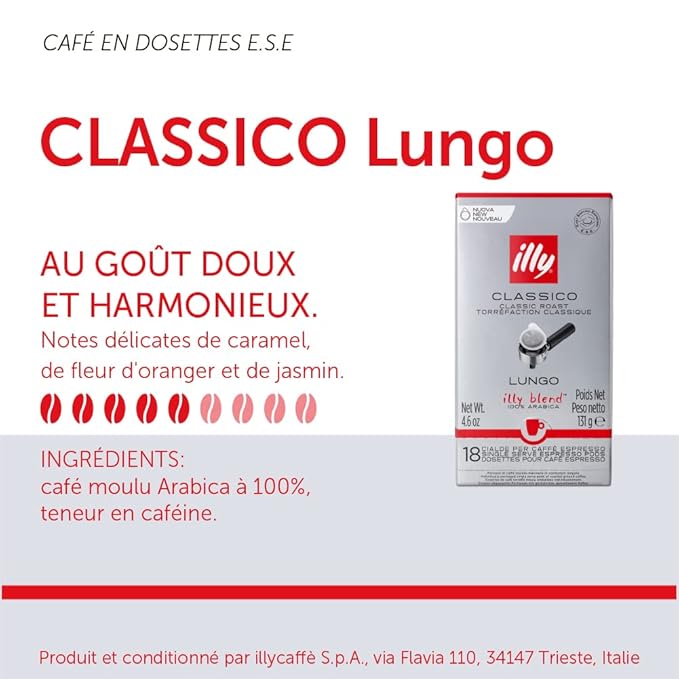 illy E.S.E. Coffee - Single-Serve Coffee Capsules & Pods - Classico Lungo Medium Roast - Notes Of Caramel, Orange Blossom & Jasmine - For E.S.E Coffee Machines - Extraordinary Aroma & Body – 18 Count