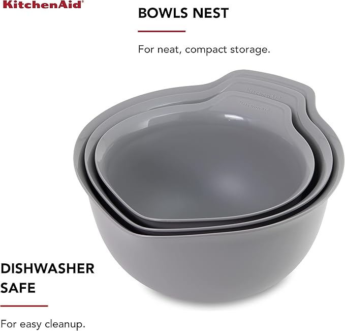 KitchenAid Universal Nesting Plastic Mixing Bowls, Set Of 3, 2.5 quart, 3.5 quart, 4.5 quart, Non Slip Base with Easy Pour Spout to Reduce Mess, Dishwasher Safe, Gray