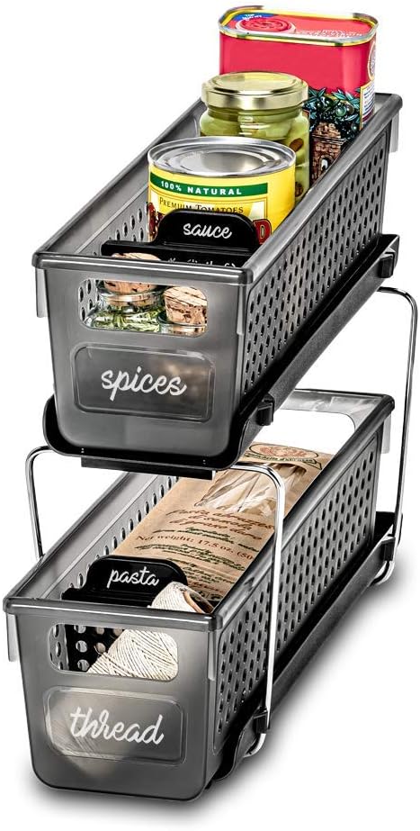 Madesmart 2-Tier Plastic Mini Multipurpose Organizer with Divided Slide-Out Storage Bins, Compact Under Sink and Cabinet Organizer Rack, Carbon