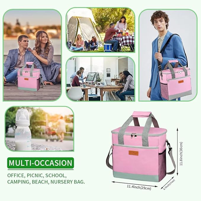 Iknoe Large Cooler Bag Collapsible 24 Can Insulated Bags Leakproof Lunch Cooler Tote with Multi-Pockets for Adult Insulated Thermal Bag for Beach, Picnic, Office Work(Pink)