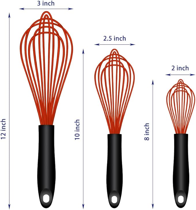Red Silicone Whisk, Sealed Waterproof Design Set of 3, Professional Kitchen Whisks for Cooking Non-Scratch, Silicone & Stainless Steel Whisk, Heat Resistant 480°F Balloon Egg Beater