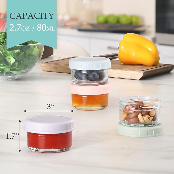VITEVER [6 Pack] Salad Dressing Container To Go, 2.7 oz Glass Small Condiment with Lids, Dipping Sauce Cups Set, Leakproof Reusable for Lunch Box Work Trip.